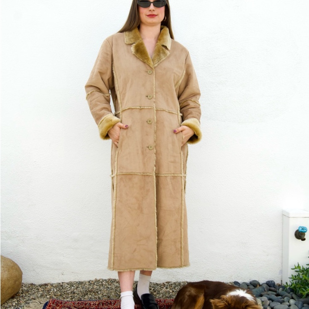 Vintage Y2K Patchwork Tan Shearling Suede Long Coat